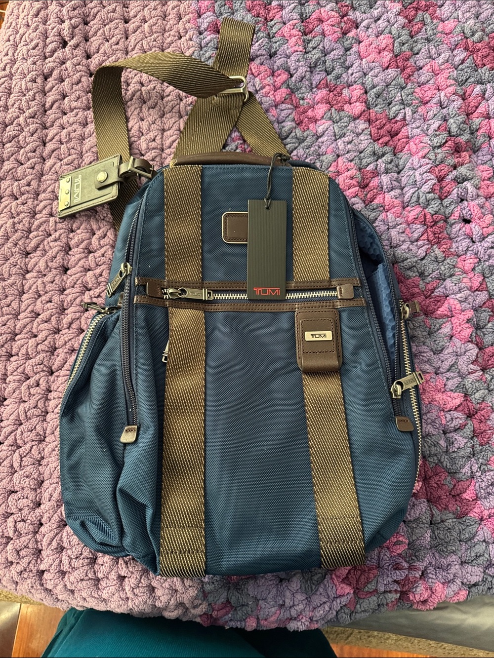 Tumi Navy and Brown Men’s Backpack with Front Zip Pocket